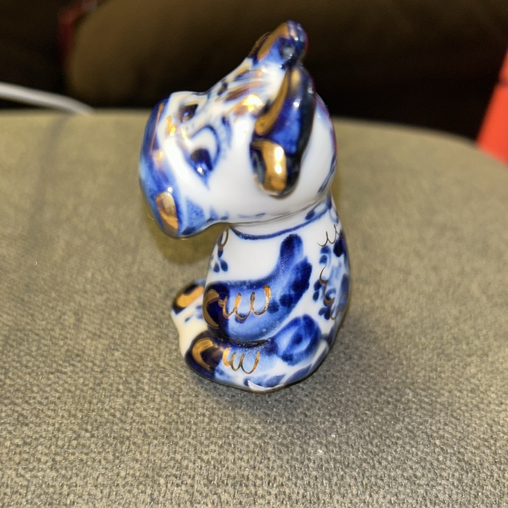 Vintage Russian Gzhel Porcelain Figurine Bull Cow Ox Cobalt Blue & Gold - Picture 3 of 9